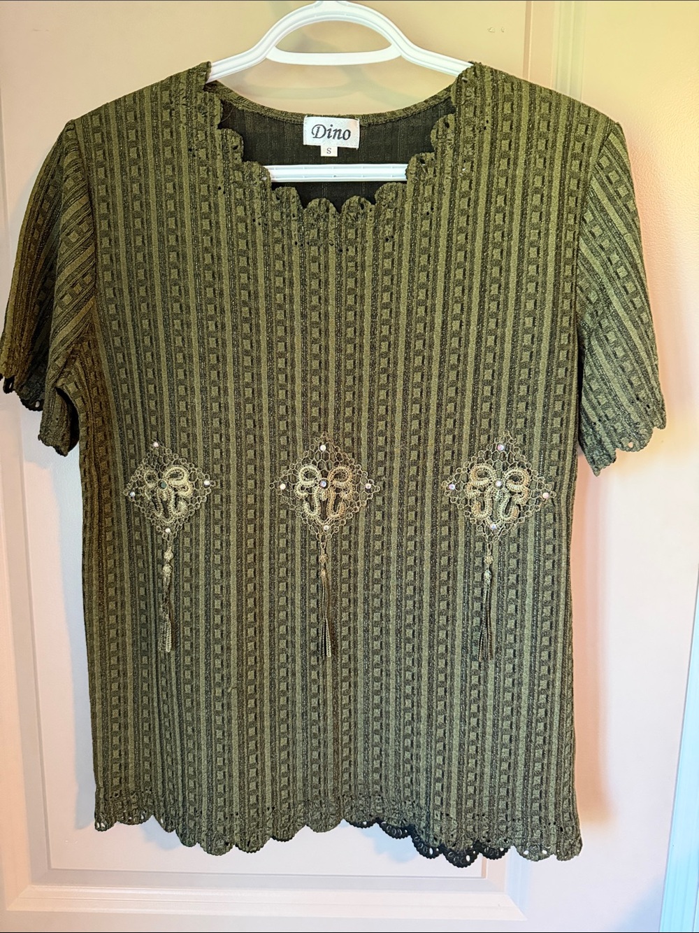 Dino Scalloped Olive Knit Top Rhinestone Embellished Tassel Goblincore Earthy Sm